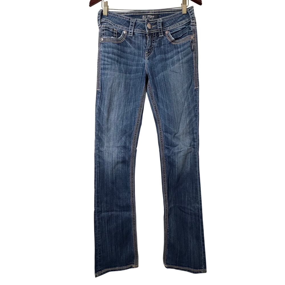 26/35 Silver Jeans Suki Surplus Flare Bootcut Jeans Y2K Flap Embroidered Pockets